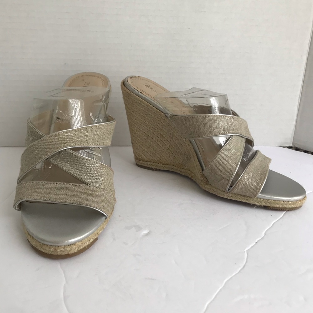 Ellen Tracy NEW Espadrille Wedge Platforms Linen Sandals Shoes Strap Metallic 6